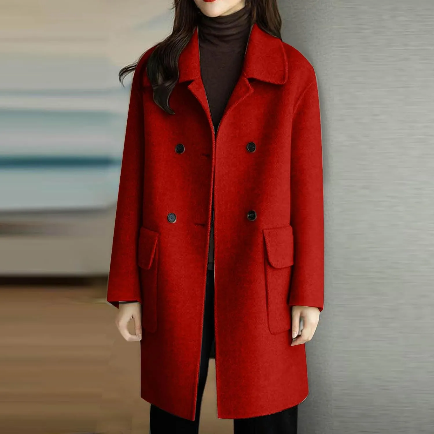 Womens Wool Blend Pea Coat Lapel Double Breasted Outerwear Trendy Jacket Business Overcoat Trench Coats with Pocket
