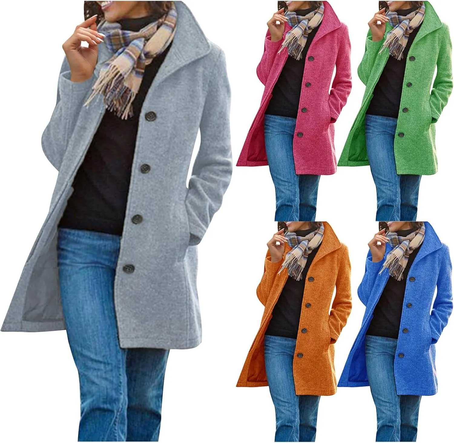 Wool Blend Coat for Women Thicken Stand Collar Pea Coat Casual Long Sleeve Jacket Winter Button Down Outerwear