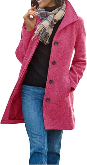 Wool Blend Coat for Women Thicken Stand Collar Pea Coat Casual Long Sleeve Jacket Winter Button Down Outerwear