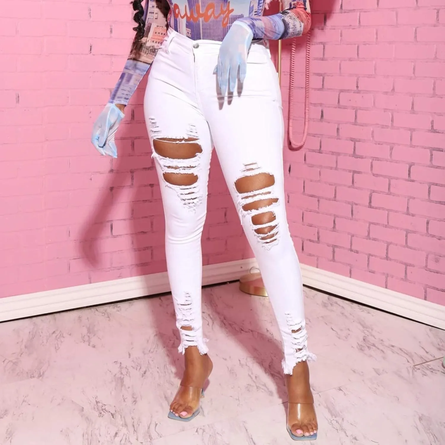 WUAI Women's Ripped Boyfriend Jeans Hight Waisted Stretch Distressed Skinny Jeans Jeggings Destroyed Denim Pencil Pants