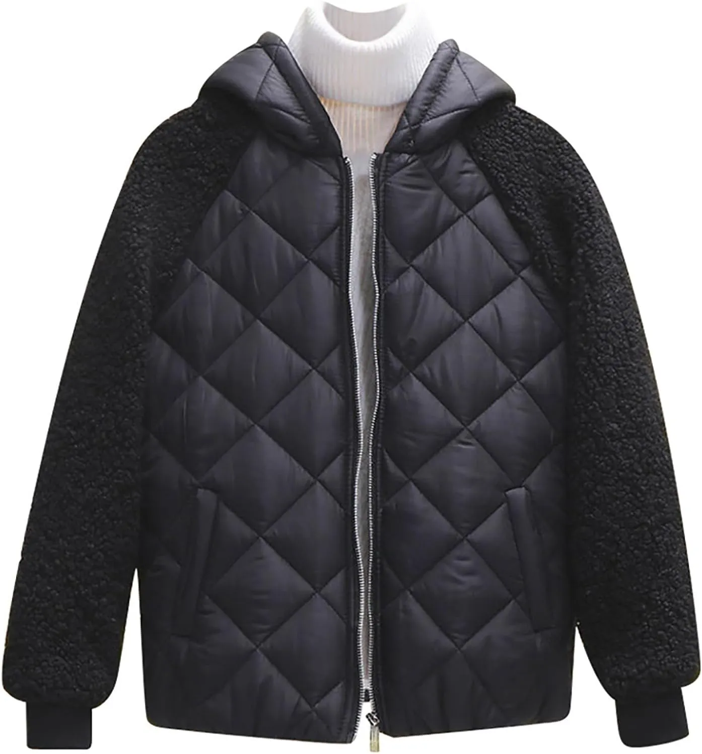 XUNRYAN Winter Jackets for Women Trendy Sherpa Fleece Down Coat Casual Zip Up Puffer Jackets Warm Faux-Fur Coat Anorak Parka