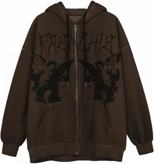 Y2K Hoodies for Women Full Zip Up Print Graphic Oversized Pockets Hooded Jacket 90s Long Sleeve Sweatshirt Goth Punk Teen