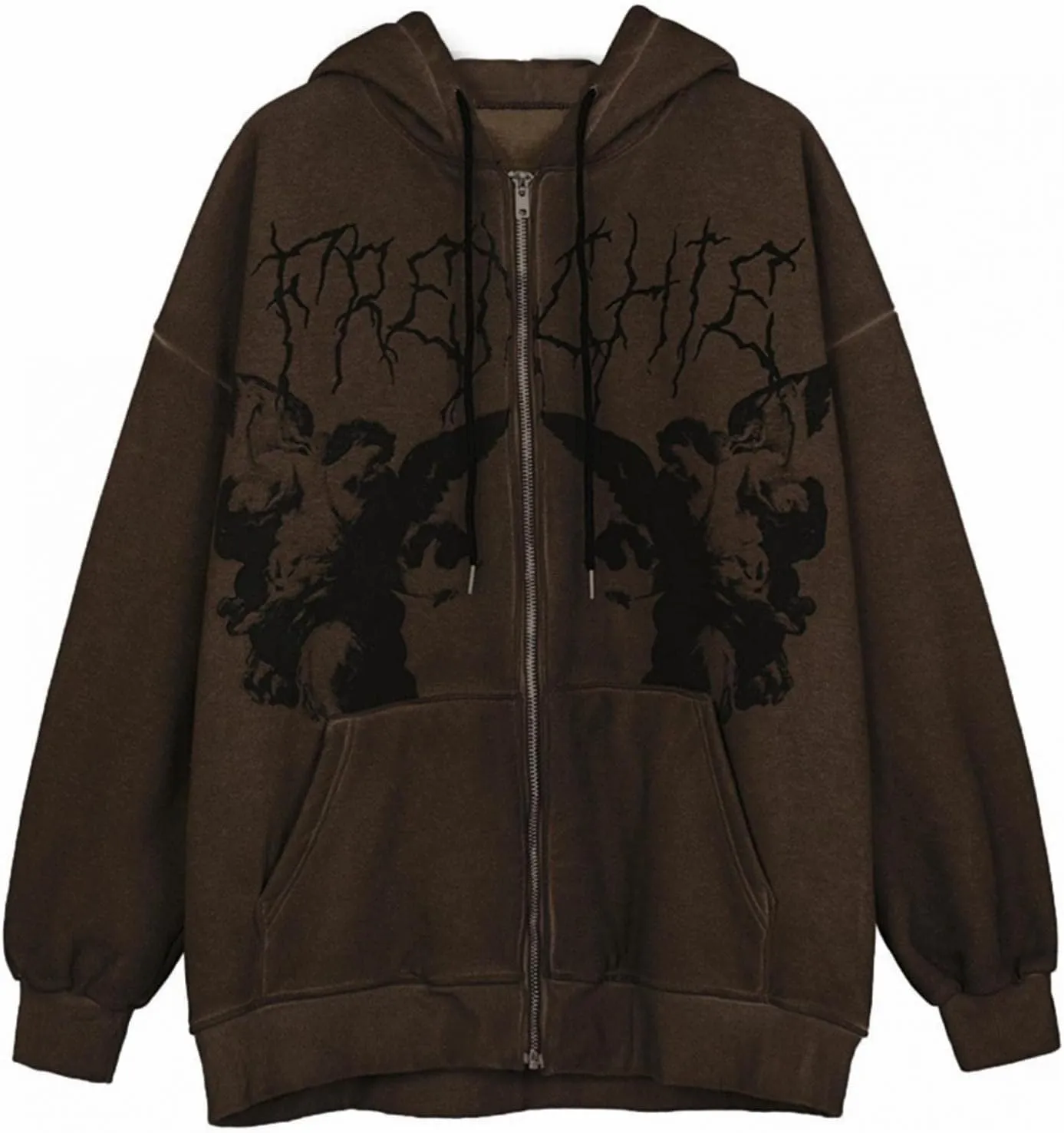 Y2K Hoodies for Women Full Zip Up Print Graphic Oversized Pockets Hooded Jacket 90s Long Sleeve Sweatshirt Goth Punk Teen