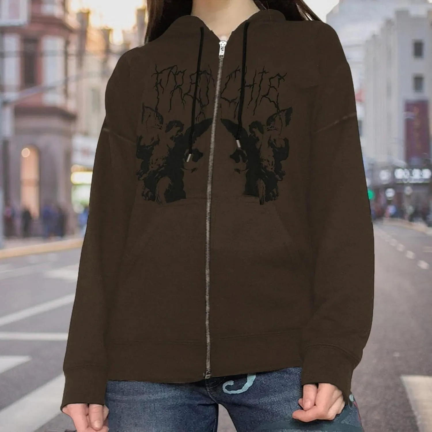 Y2K Hoodies for Women Full Zip Up Print Graphic Oversized Pockets Hooded Jacket 90s Long Sleeve Sweatshirt Goth Punk Teen