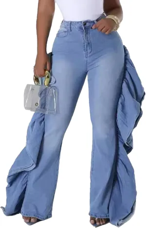 YOOTIKO Women Stretch Ruffle Fringe Jeans High Waisted Straight Leg Jeans Skinny Denim Pants Trendy