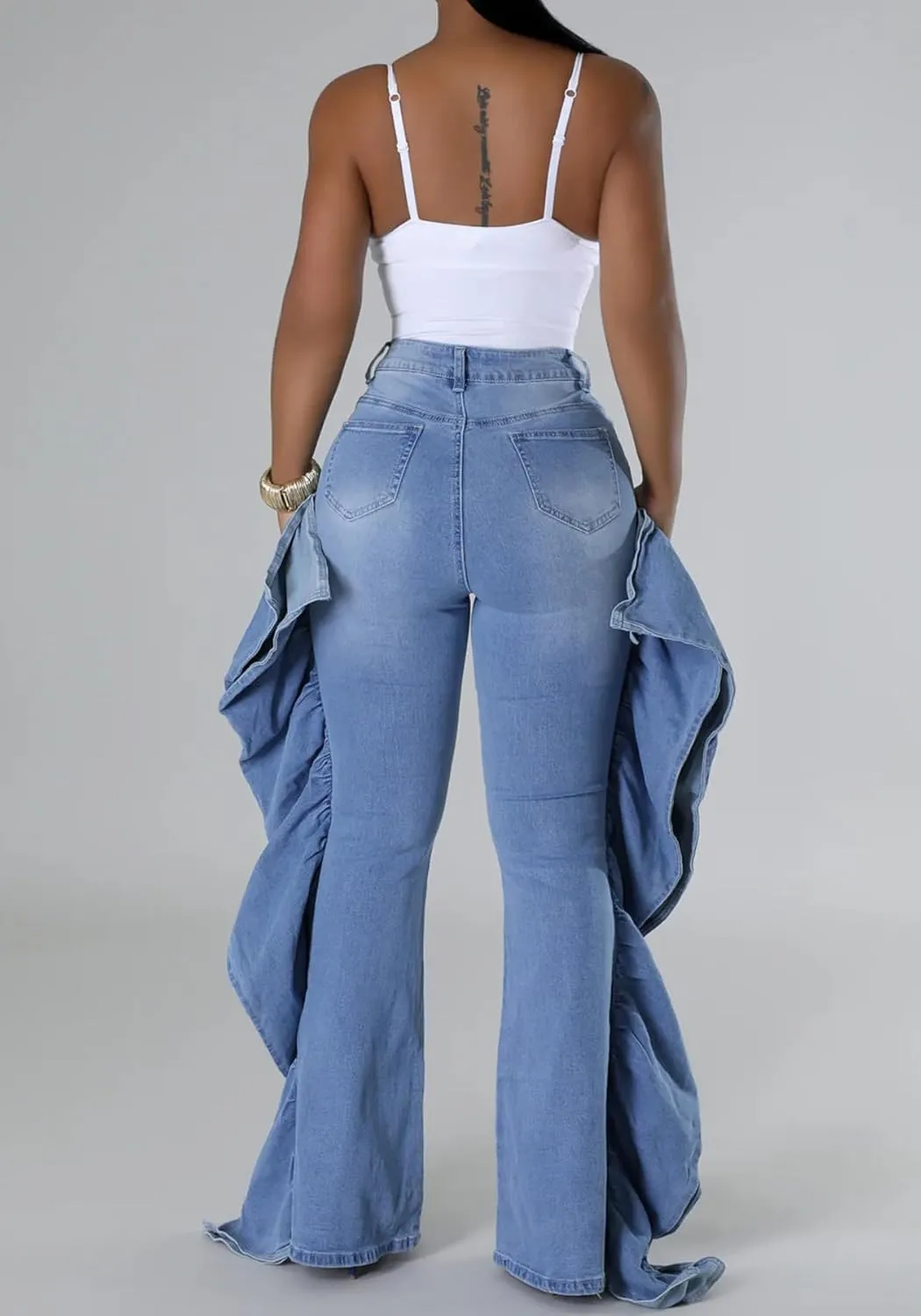 YOOTIKO Women Stretch Ruffle Fringe Jeans High Waisted Straight Leg Jeans Skinny Denim Pants Trendy