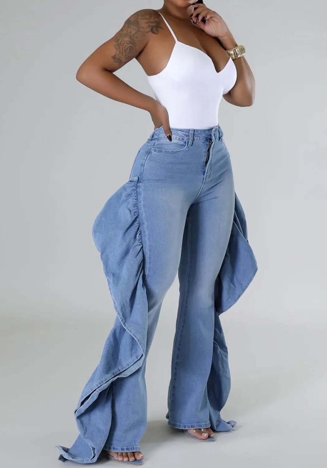 YOOTIKO Women Stretch Ruffle Fringe Jeans High Waisted Straight Leg Jeans Skinny Denim Pants Trendy