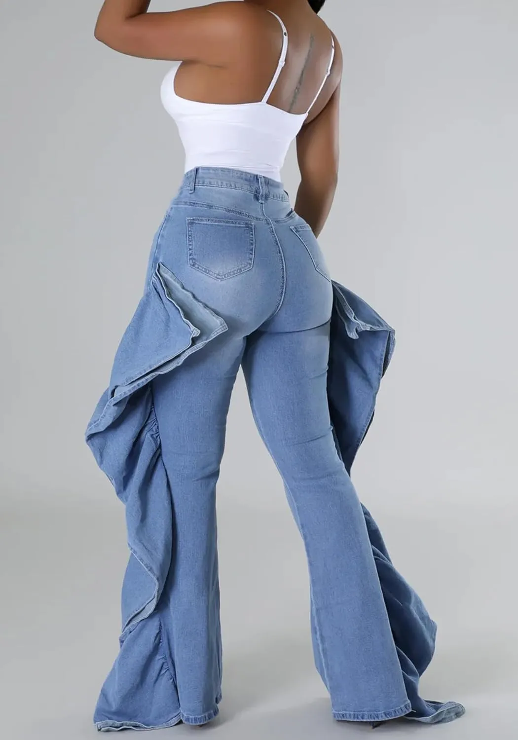 YOOTIKO Women Stretch Ruffle Fringe Jeans High Waisted Straight Leg Jeans Skinny Denim Pants Trendy