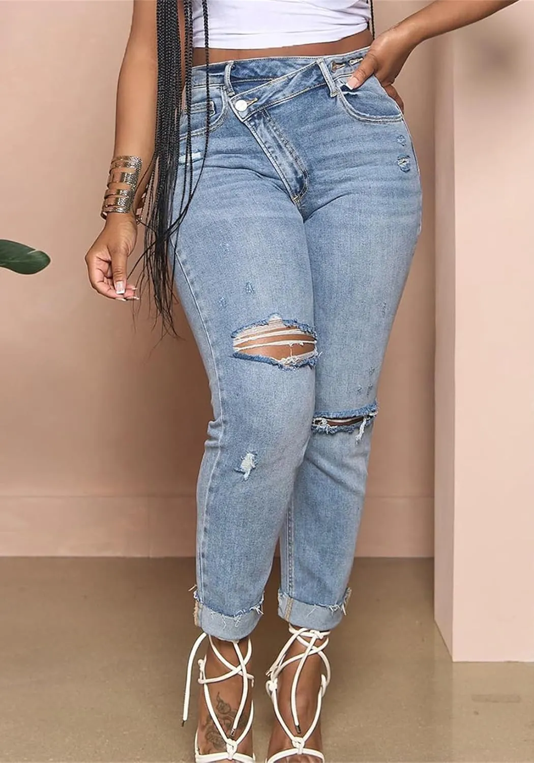 YOOTIKO Womens Ripped Jeans Y2K High Waisted Stretch Jeans Boyfriend Distressed Skinny Denim Pants Streetwear