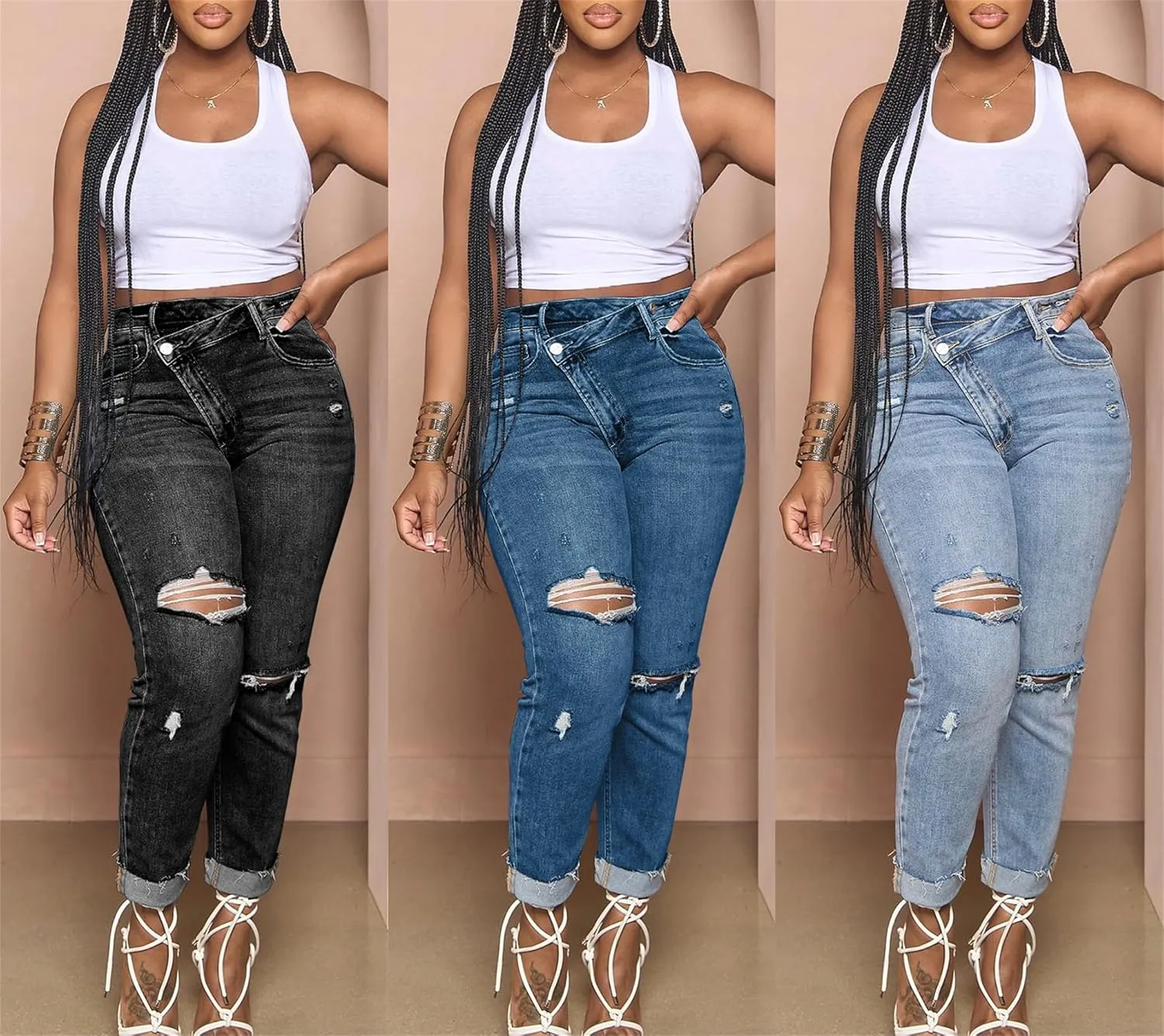 YOOTIKO Womens Ripped Jeans Y2K High Waisted Stretch Jeans Boyfriend Distressed Skinny Denim Pants Streetwear