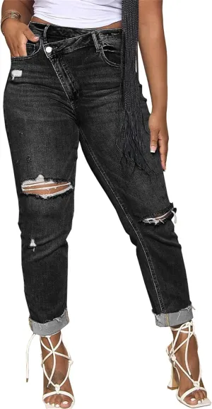 YOOTIKO Womens Ripped Jeans Y2K High Waisted Stretch Jeans Boyfriend Distressed Skinny Denim Pants Streetwear
