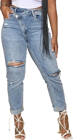 YOOTIKO Womens Ripped Jeans Y2K High Waisted Stretch Jeans Boyfriend Distressed Skinny Denim Pants Streetwear