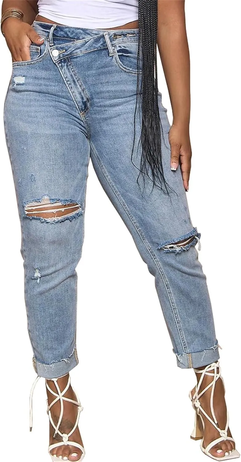 YOOTIKO Womens Ripped Jeans Y2K High Waisted Stretch Jeans Boyfriend Distressed Skinny Denim Pants Streetwear