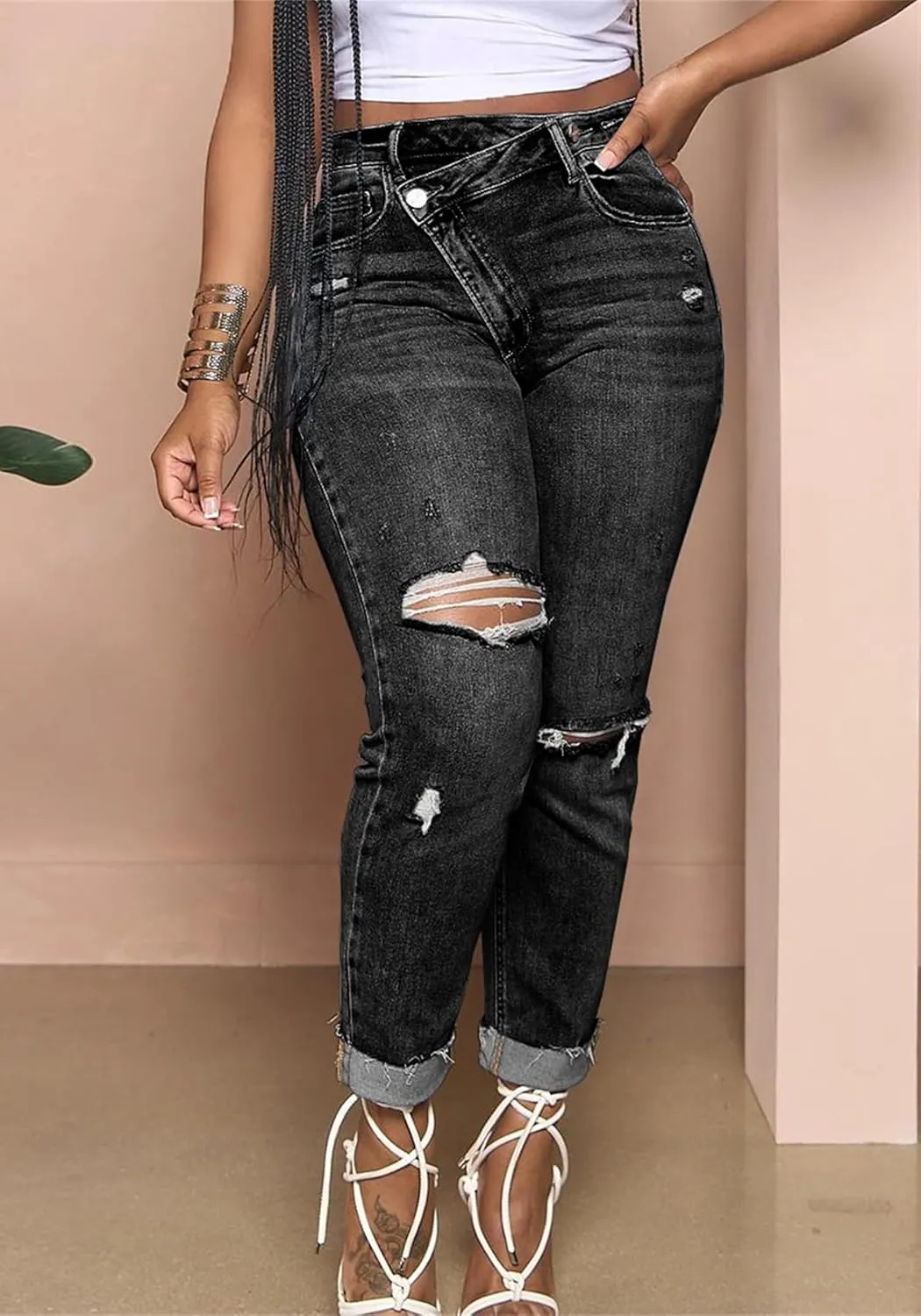 YOOTIKO Womens Ripped Jeans Y2K High Waisted Stretch Jeans Boyfriend Distressed Skinny Denim Pants Streetwear