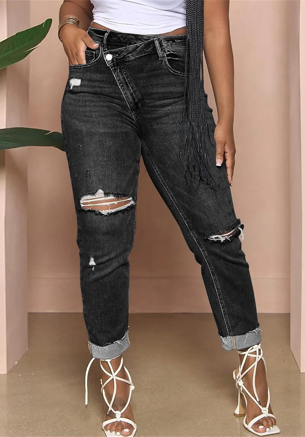 YOOTIKO Womens Ripped Jeans Y2K High Waisted Stretch Jeans Boyfriend Distressed Skinny Denim Pants Streetwear