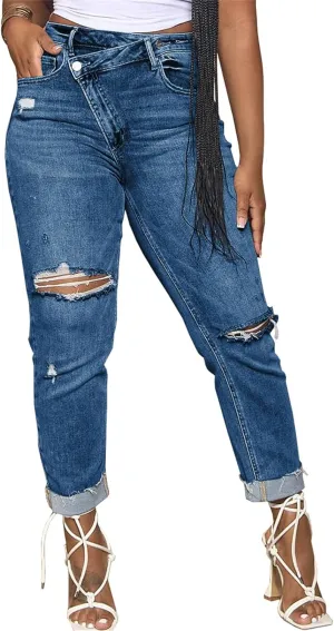 YOOTIKO Womens Ripped Jeans Y2K High Waisted Stretch Jeans Boyfriend Distressed Skinny Denim Pants Streetwear