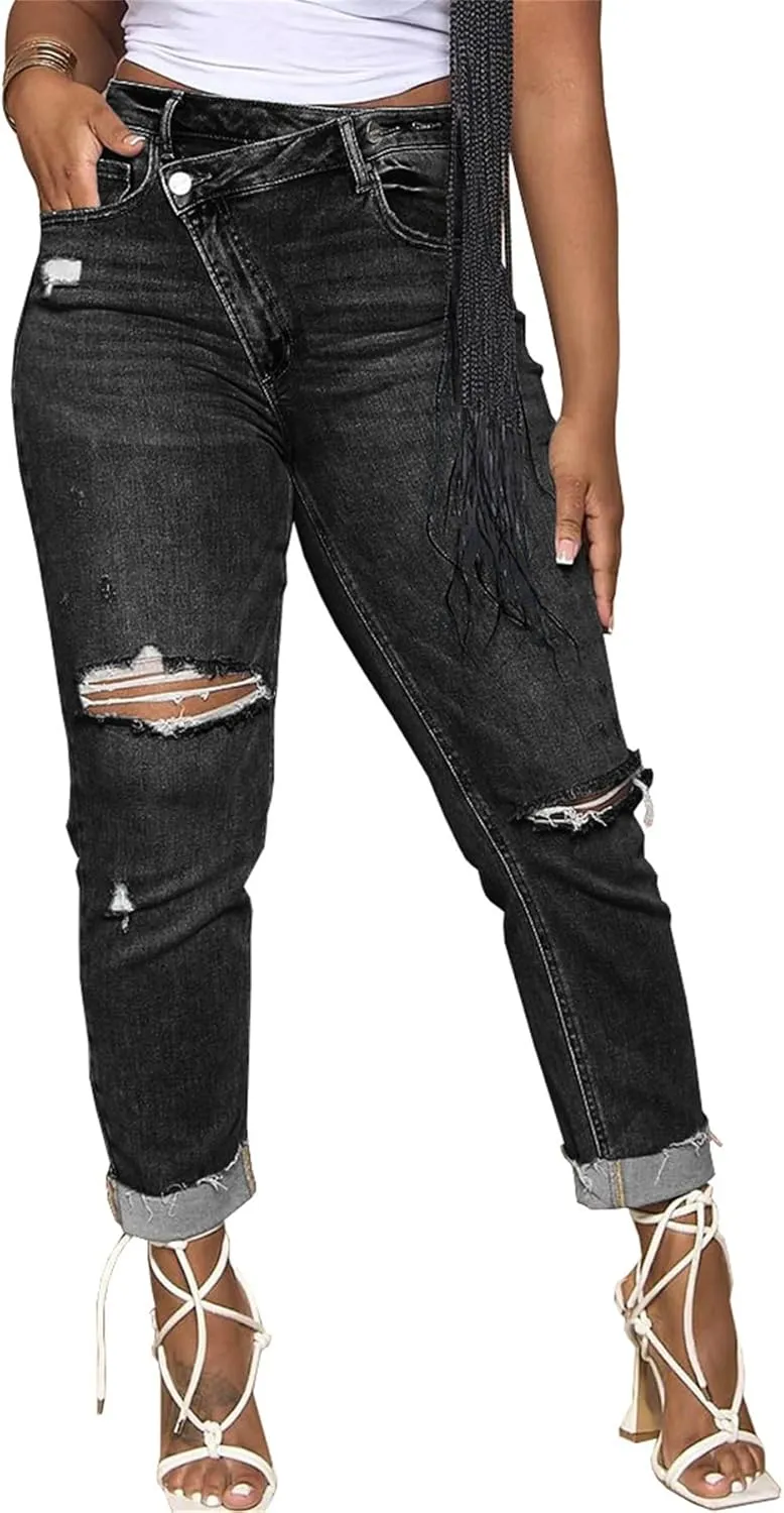 YOOTIKO Womens Ripped Jeans Y2K High Waisted Stretch Jeans Boyfriend Distressed Skinny Denim Pants Streetwear