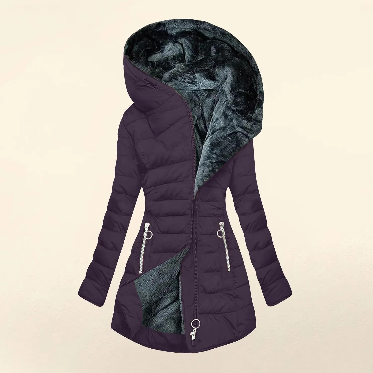 YRAETENM Winter Jackets for Women Plus Size Fleece Lined Quilted Puffer Jackets Hood Zip Sherpa Coats Padded Long Outerwear