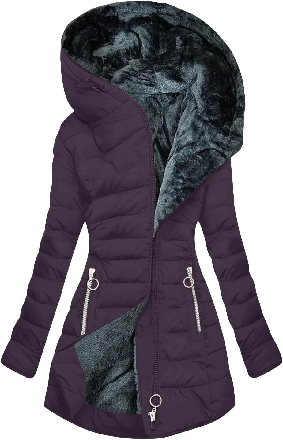 YRAETENM Winter Jackets for Women Plus Size Fleece Lined Quilted Puffer Jackets Hood Zip Sherpa Coats Padded Long Outerwear