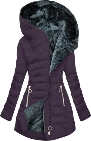 YRAETENM Winter Jackets for Women Plus Size Fleece Lined Quilted Puffer Jackets Hood Zip Sherpa Coats Padded Long Outerwear