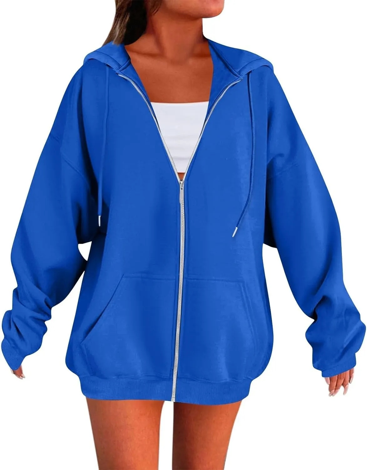 Zip Up Hoodies for Women Lightweight Long Sleeve Fleece Jacket Casual Loose Solid Color Coat Winter Clothes