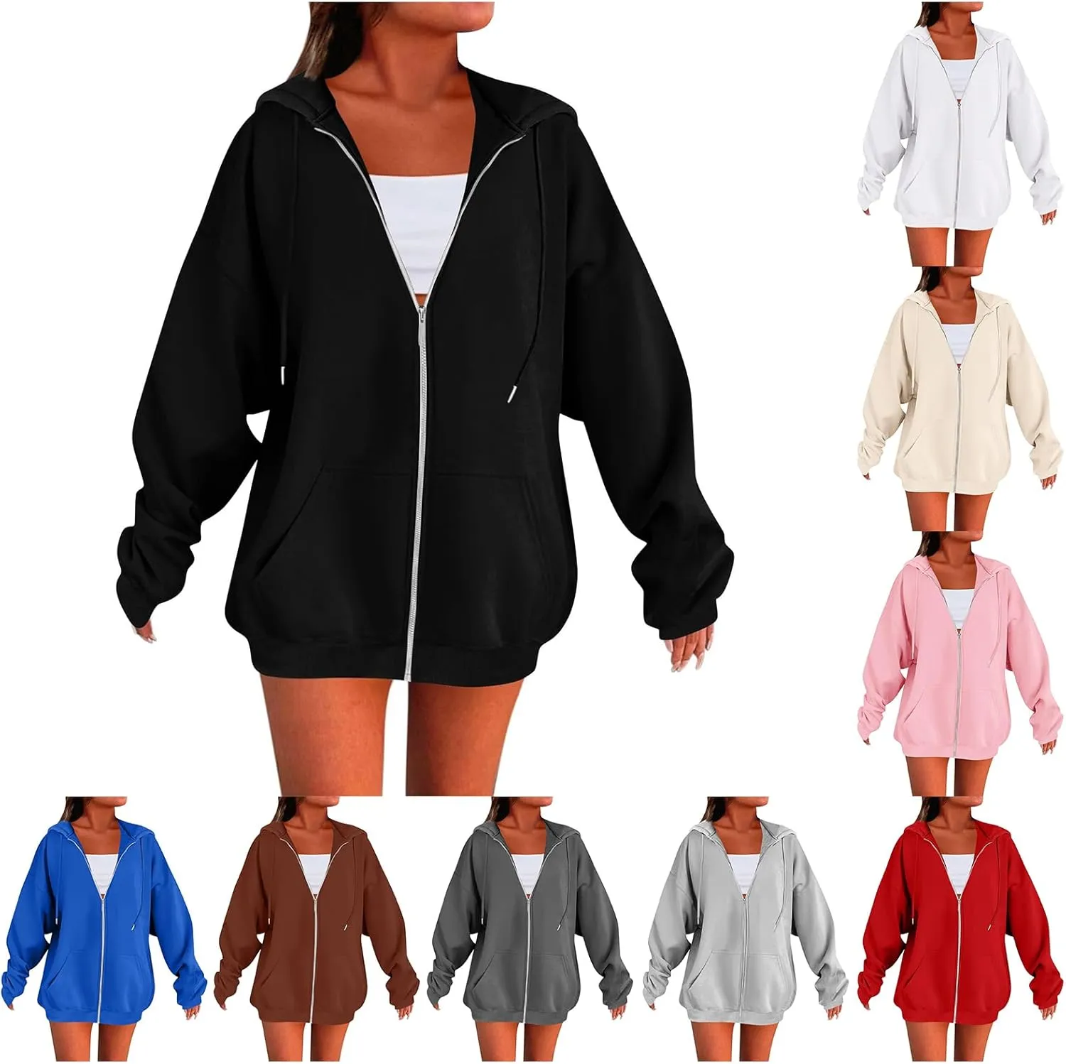 Zip Up Hoodies for Women Lightweight Long Sleeve Fleece Jacket Casual Loose Solid Color Coat Winter Clothes