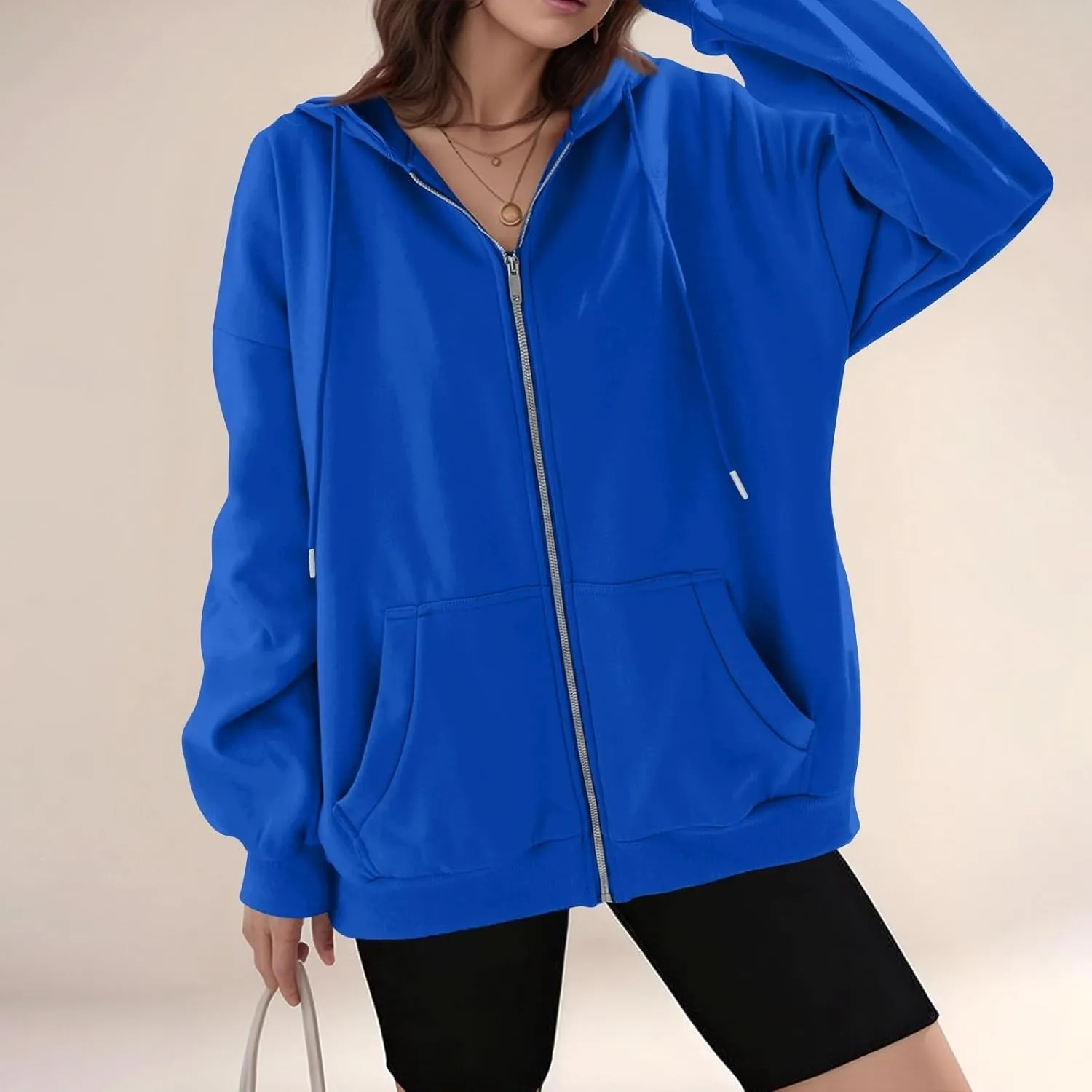 Zip Up Hoodies for Women Lightweight Long Sleeve Fleece Jacket Casual Loose Solid Color Coat Winter Clothes
