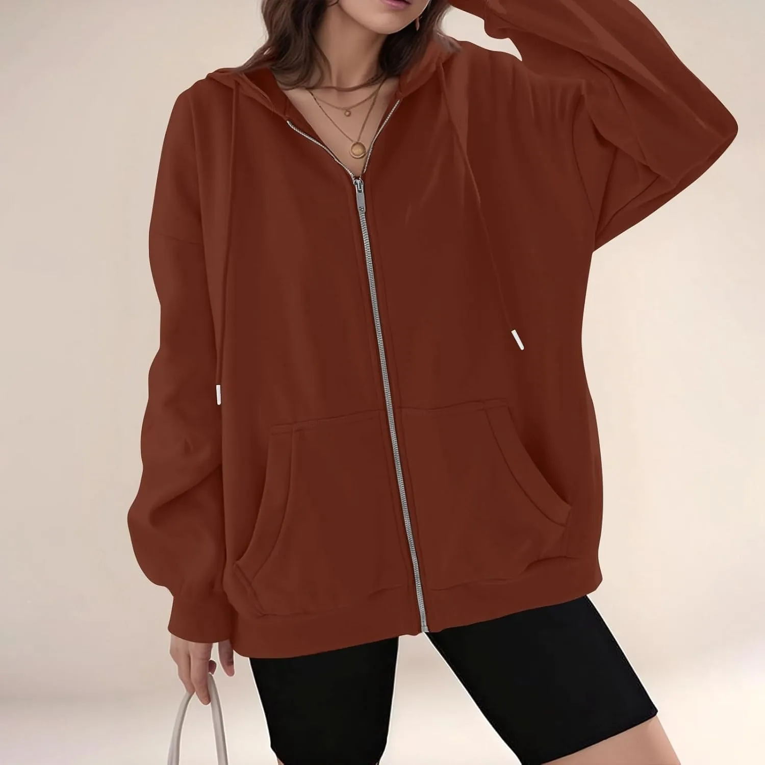 Zip Up Hoodies for Women Lightweight Long Sleeve Fleece Jacket Casual Loose Solid Color Coat Winter Clothes