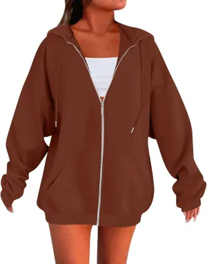 Zip Up Hoodies for Women Lightweight Long Sleeve Fleece Jacket Casual Loose Solid Color Coat Winter Clothes