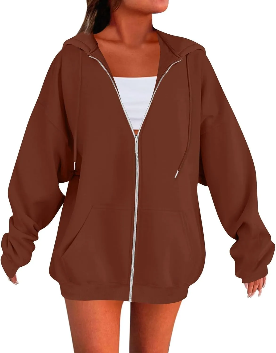 Zip Up Hoodies for Women Lightweight Long Sleeve Fleece Jacket Casual Loose Solid Color Coat Winter Clothes