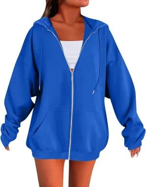 Zip Up Hoodies for Women Lightweight Long Sleeve Fleece Jacket Casual Loose Solid Color Coat Winter Clothes