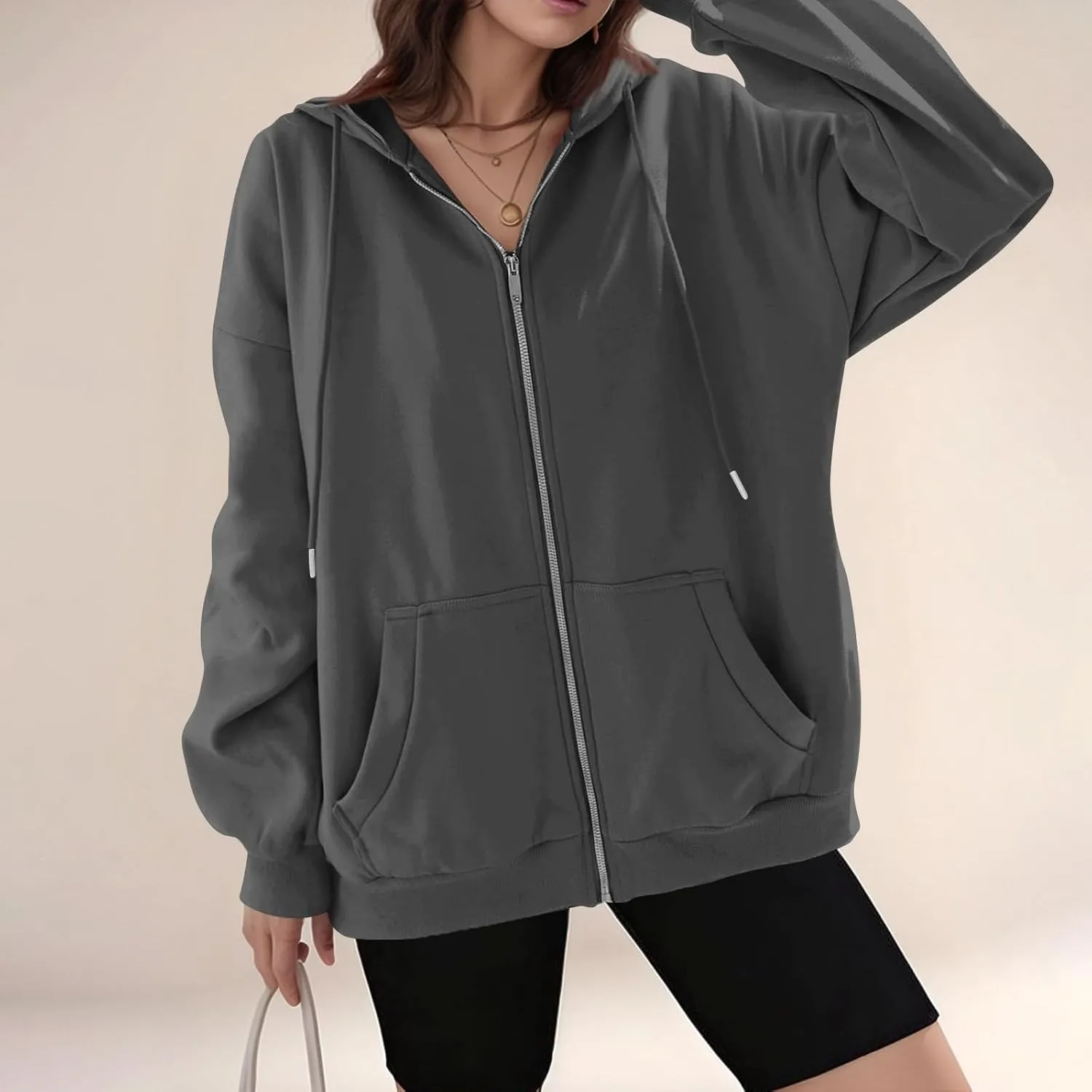Zip Up Hoodies for Women Lightweight Long Sleeve Fleece Jacket Casual Loose Solid Color Coat Winter Clothes