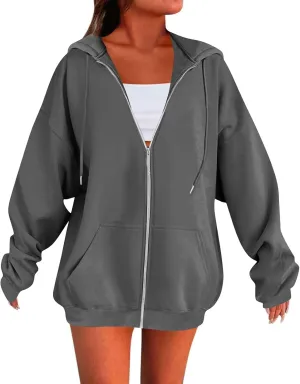 Zip Up Hoodies for Women Lightweight Long Sleeve Fleece Jacket Casual Loose Solid Color Coat Winter Clothes