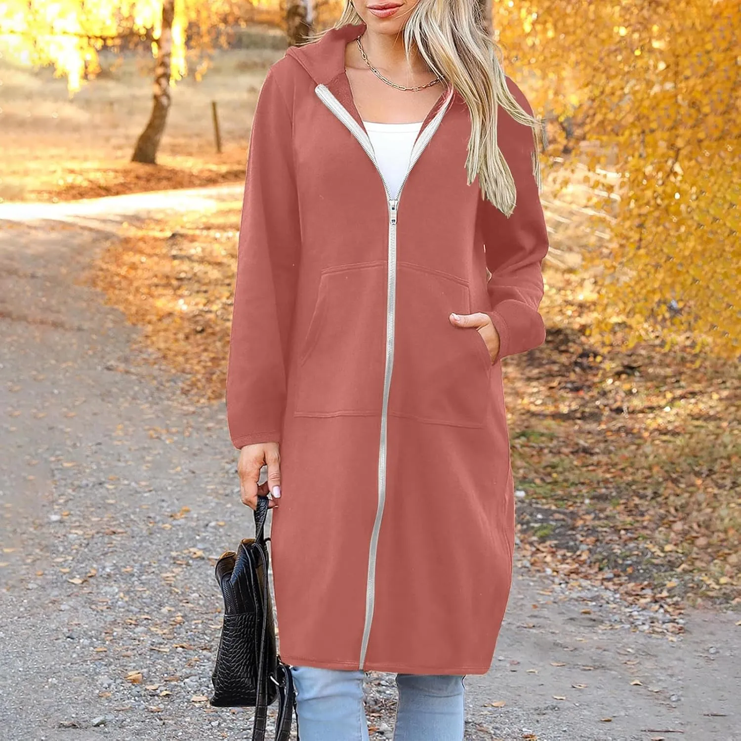 Zip Up Hoodies for Women Oversized Long Sleeve Sweatshirts Casual Fleece Hooded Coat Fall Long Jacket with Pockets