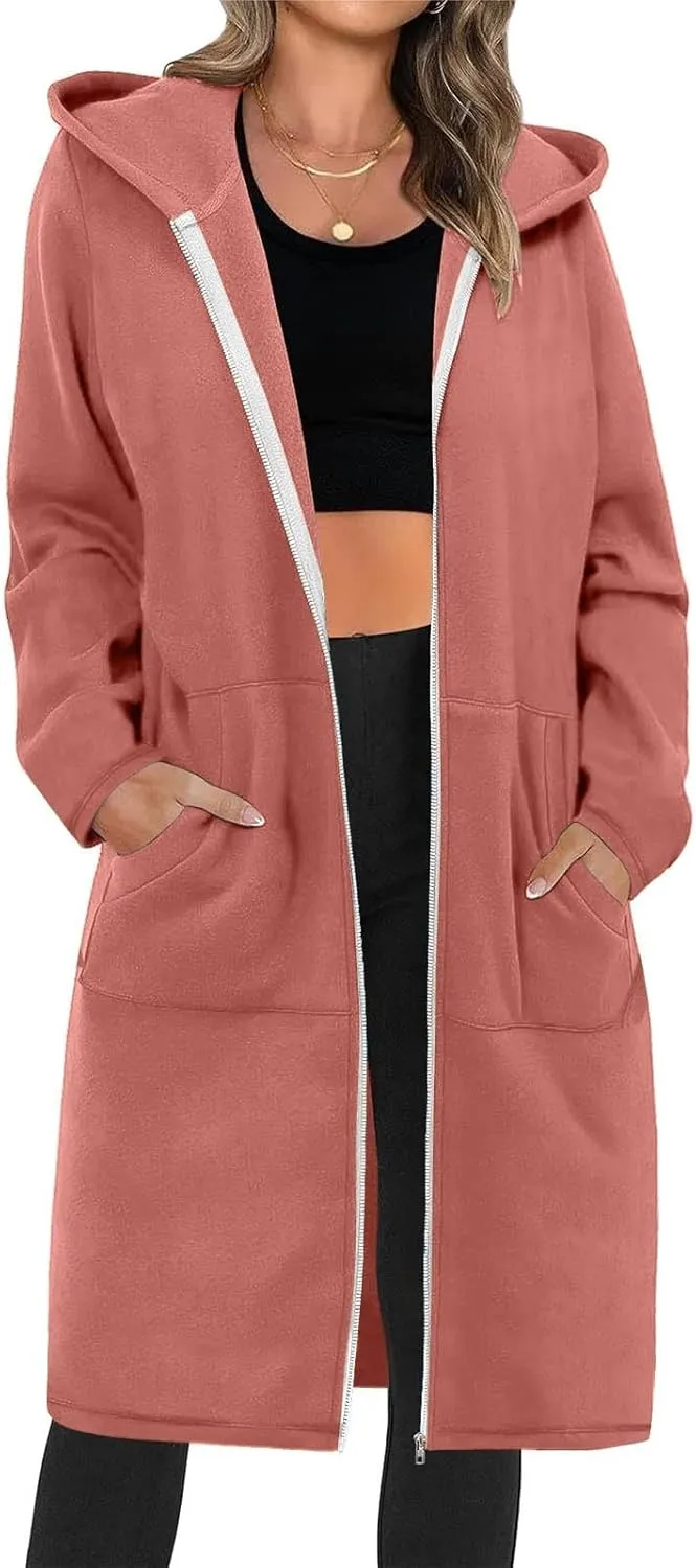 Zip Up Hoodies for Women Oversized Long Sleeve Sweatshirts Casual Fleece Hooded Coat Fall Long Jacket with Pockets