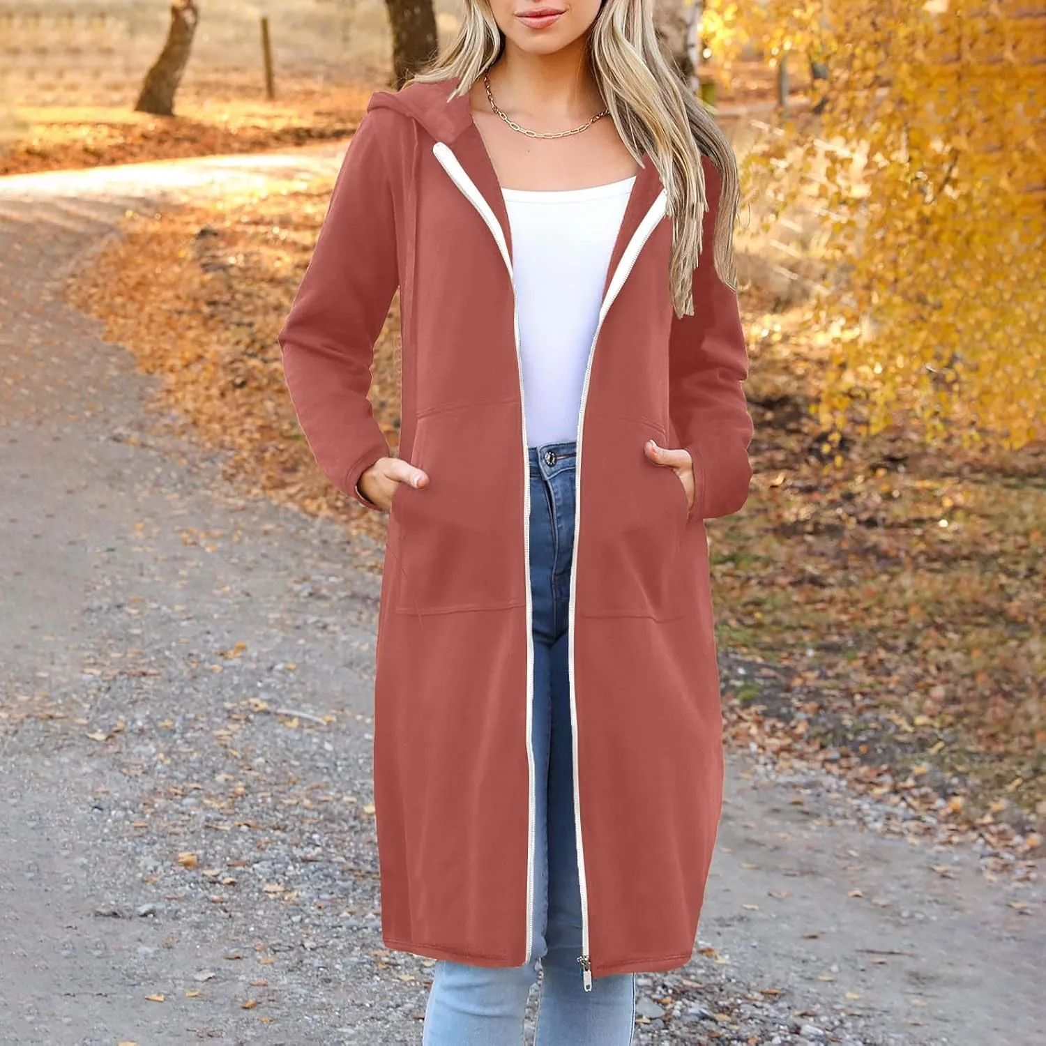 Zip Up Hoodies for Women Oversized Long Sleeve Sweatshirts Casual Fleece Hooded Coat Fall Long Jacket with Pockets