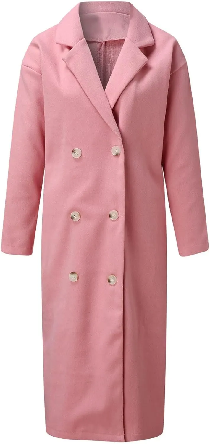 ZWRXW Classic Wool Blend Pea Coats for Women Notch Lapel Double Breasted Overcoat Winter Fashion Long Trench Outwear Coat