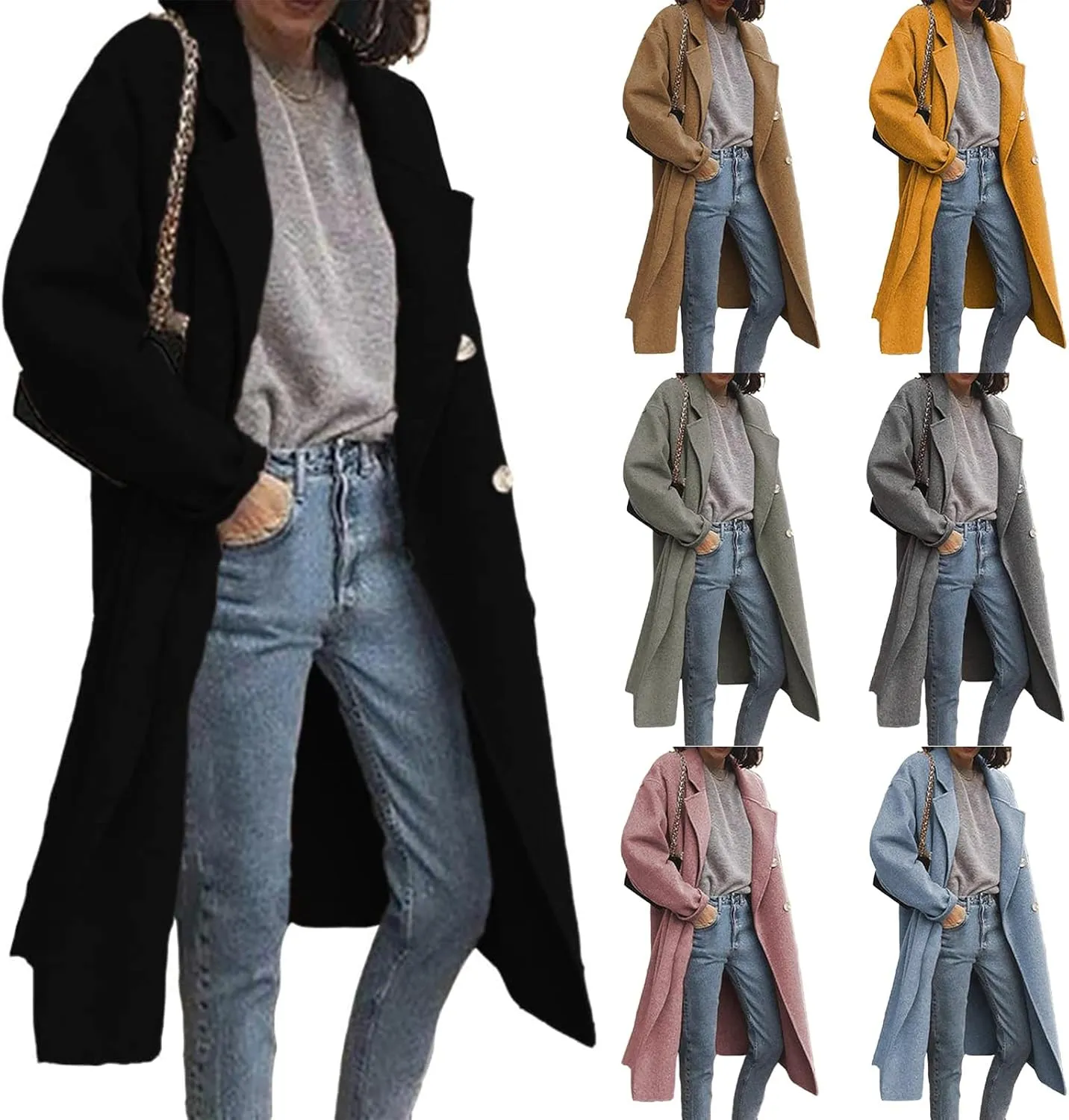 ZWRXW Classic Wool Blend Pea Coats for Women Notch Lapel Double Breasted Overcoat Winter Fashion Long Trench Outwear Coat