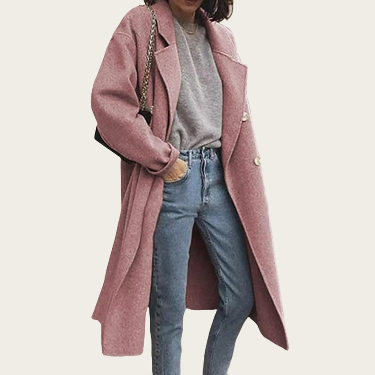 ZWRXW Classic Wool Blend Pea Coats for Women Notch Lapel Double Breasted Overcoat Winter Fashion Long Trench Outwear Coat