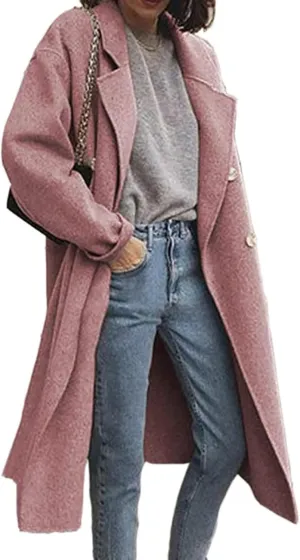 ZWRXW Classic Wool Blend Pea Coats for Women Notch Lapel Double Breasted Overcoat Winter Fashion Long Trench Outwear Coat