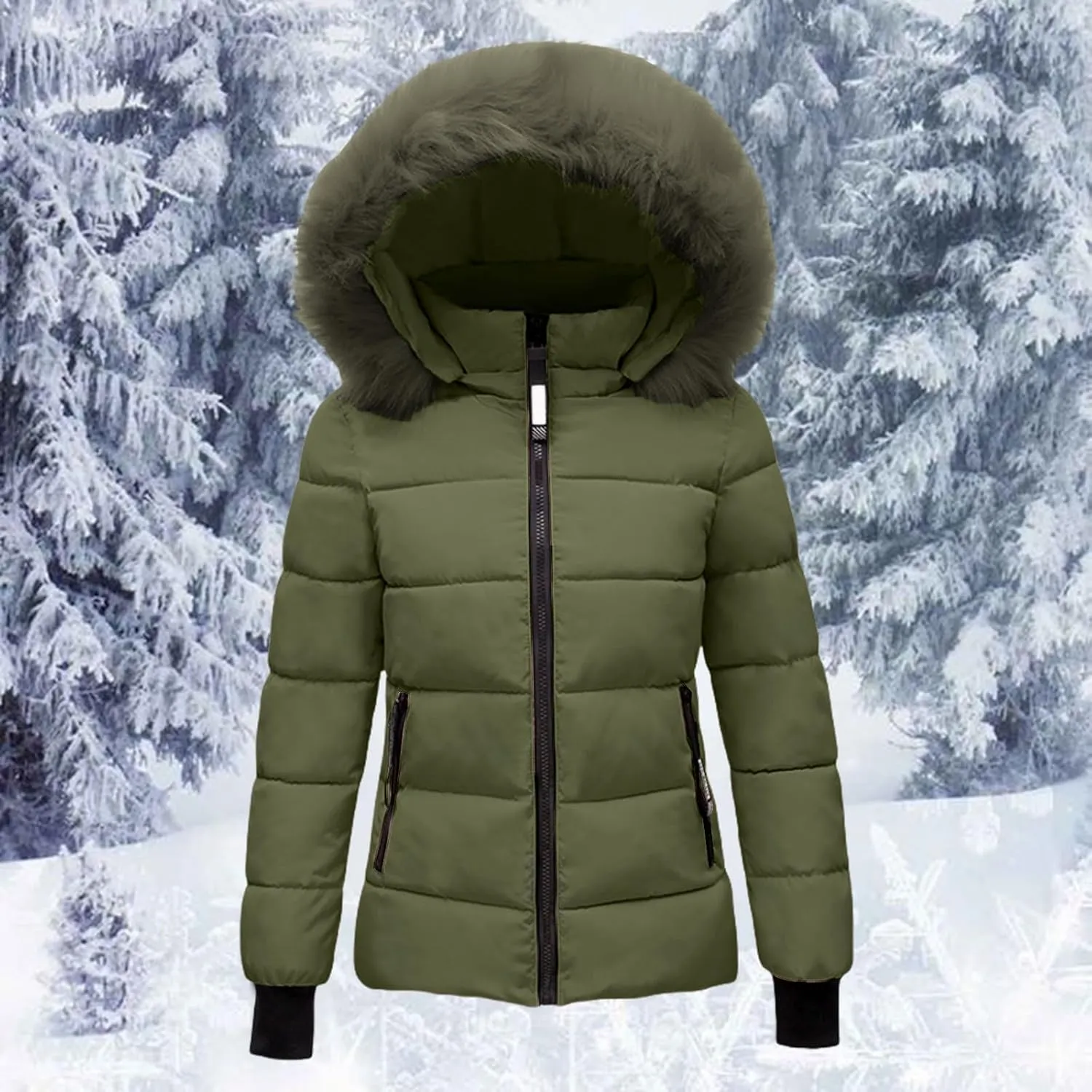ZWRXW Winter Windproof Down Coats for Women Thicken Warm Padded Windbreaker Outwear Quilted Puffer Jacket Coats with Fur Hood