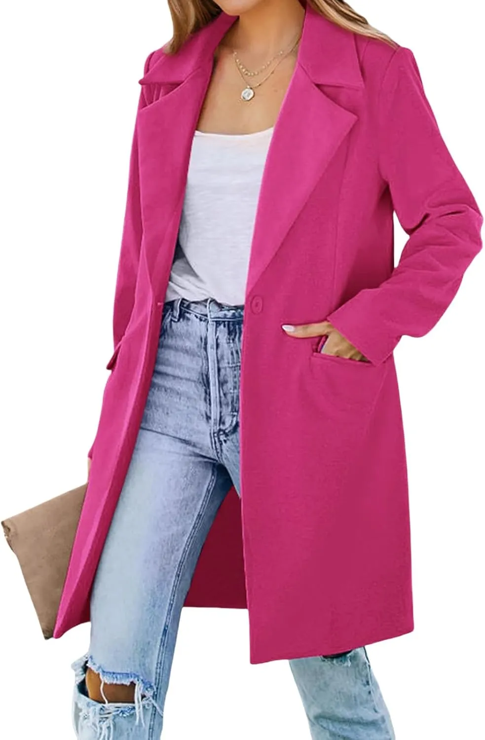ZWRXW Women's Fall Long Blazer Jackets Single Button Wool Blend Overcoat Notch Lapel Loose Fit Work Casual Blazers Outerwear
