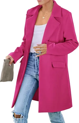 ZWRXW Women's Fall Long Blazer Jackets Single Button Wool Blend Overcoat Notch Lapel Loose Fit Work Casual Blazers Outerwear