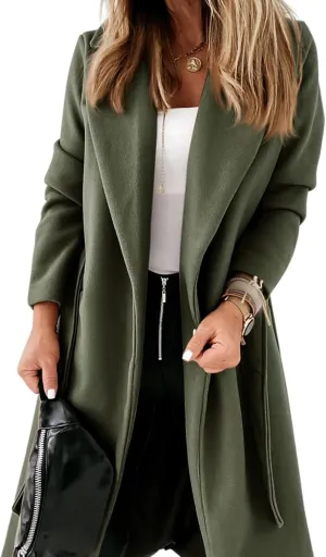 ZWRXW Women's Long Wool Blend Pea Coat Open Front Notch Lapel Collar Overcoat Casual Oversized Jacket Outerwear with Pockets