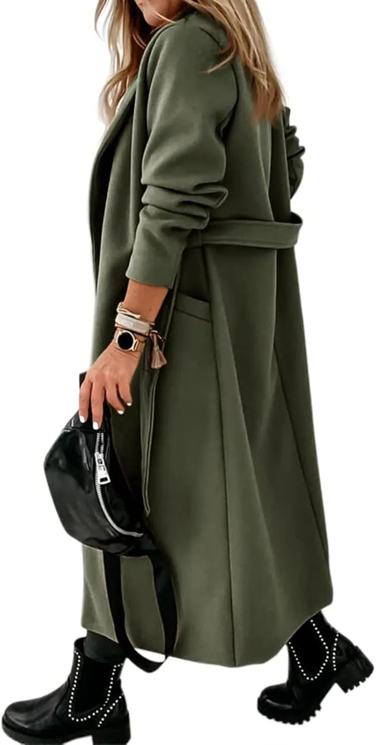 ZWRXW Women's Long Wool Blend Pea Coat Open Front Notch Lapel Collar Overcoat Casual Oversized Jacket Outerwear with Pockets