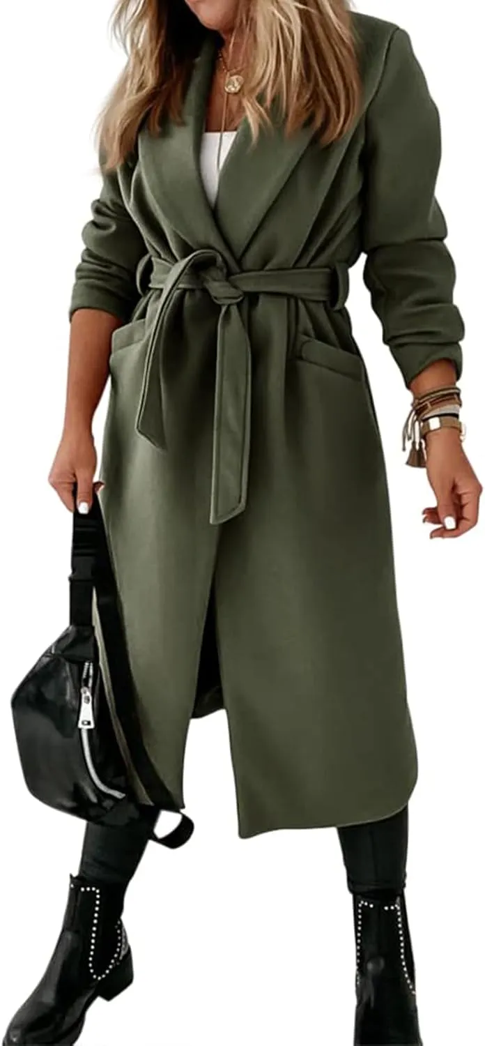 ZWRXW Women's Long Wool Blend Pea Coat Open Front Notch Lapel Collar Overcoat Casual Oversized Jacket Outerwear with Pockets