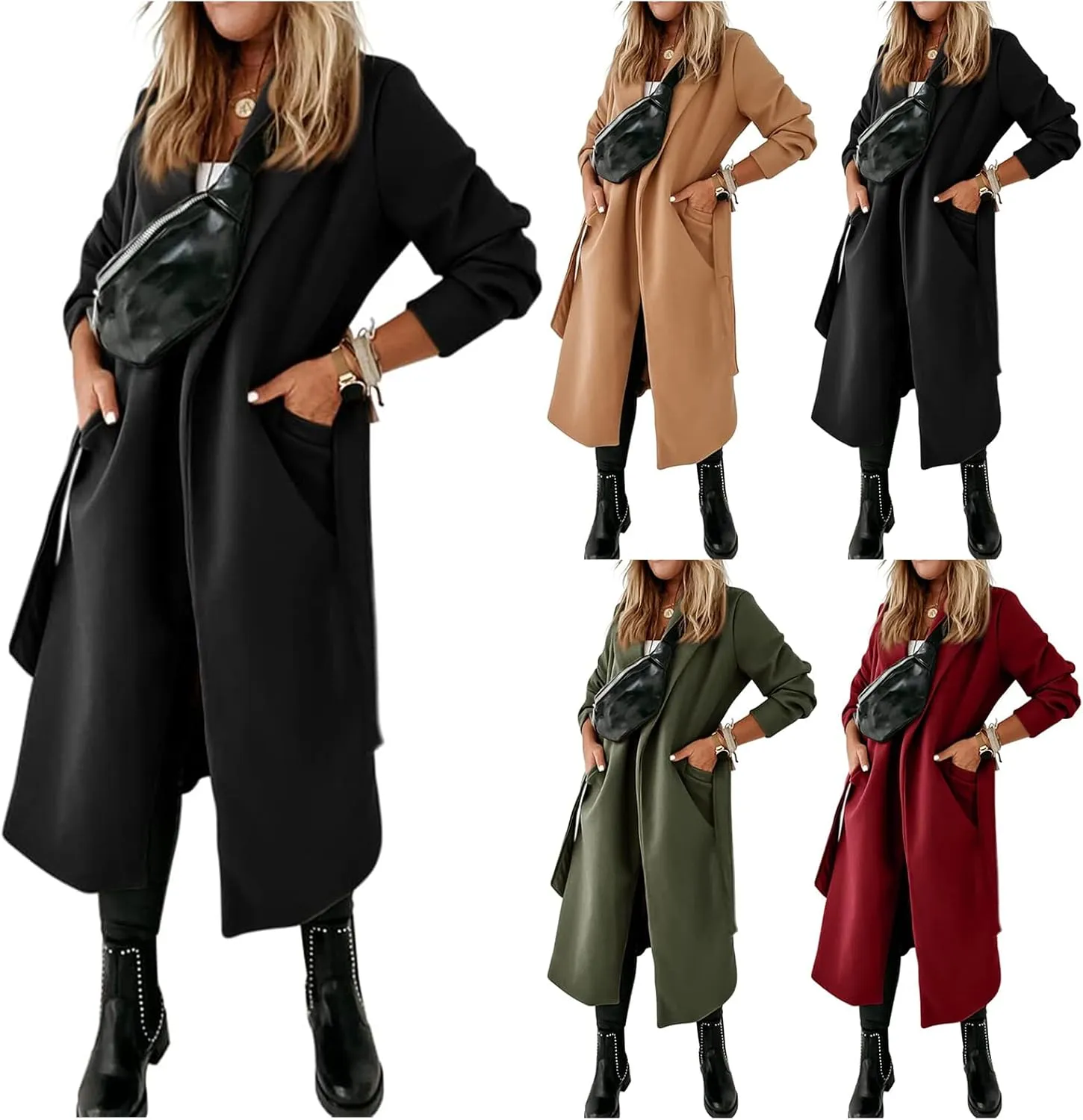 ZWRXW Women's Long Wool Blend Pea Coat Open Front Notch Lapel Collar Overcoat Casual Oversized Jacket Outerwear with Pockets