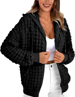 ZYXTIM Women's Cute Hoodies Teen Girl Fall Jacket Waffle Textured Oversized Sweatshirts Casual Zip Up Y2K Hoodie with Pocket